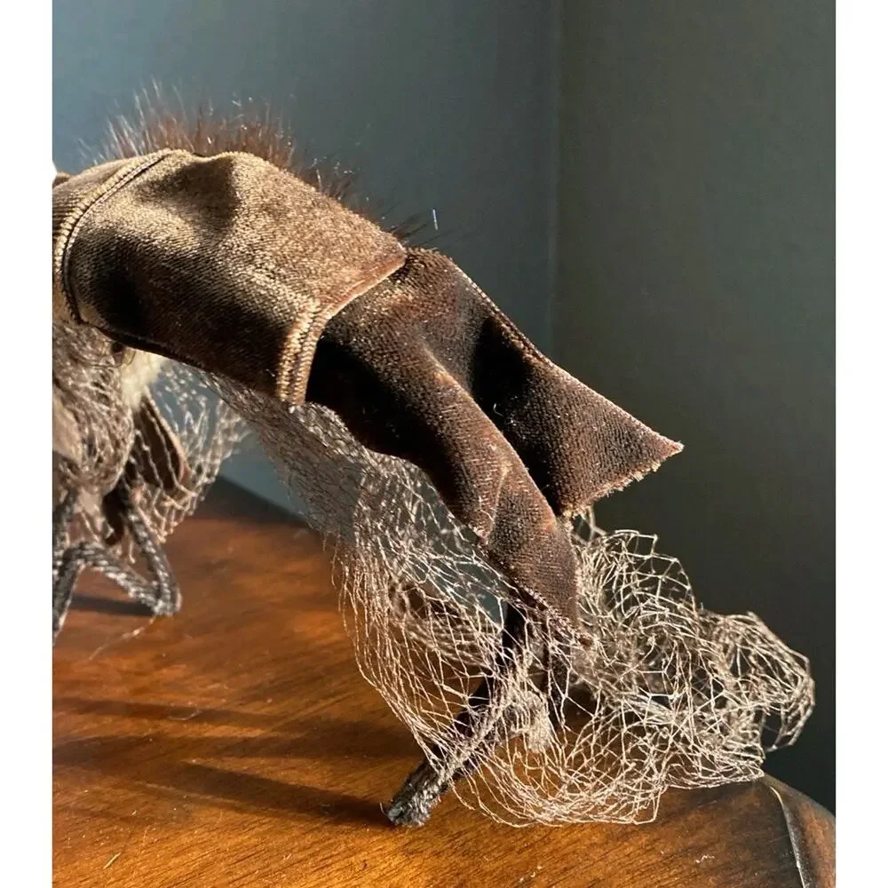 Vtg Mink Fur Brown Velvet Bow Veil Fascinator Hat Open Crown Pill Box 1940s